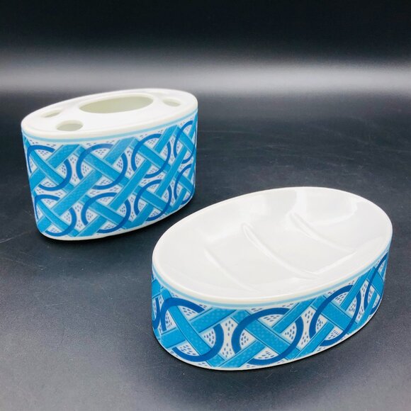 Vintage Japan Porcelain Bathroom Accessory SET - Toothbrush Holder - Soap Dish - Picture 1 of 10